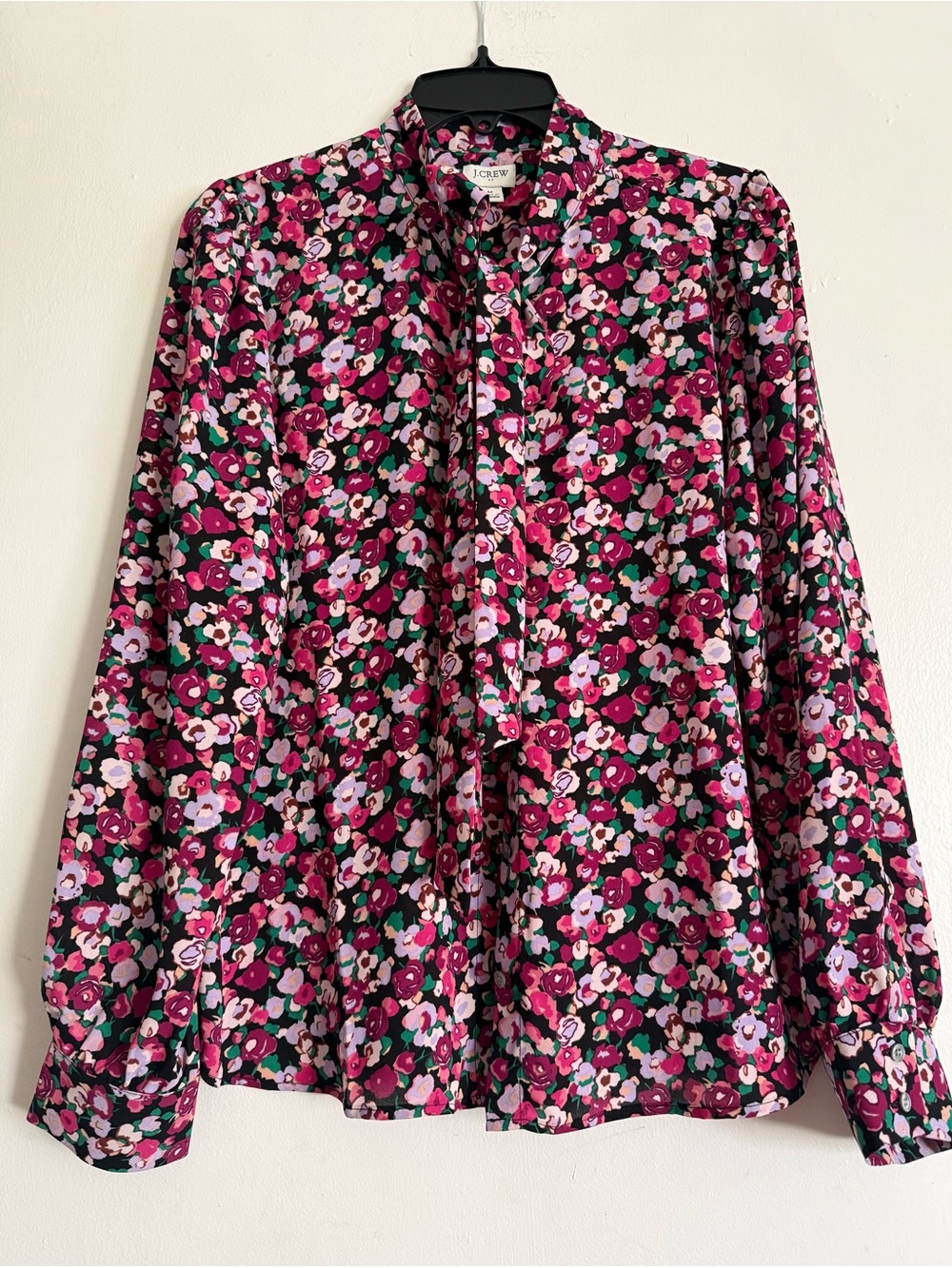 J. Crew Magenta Floral Tie-Neck Blouse